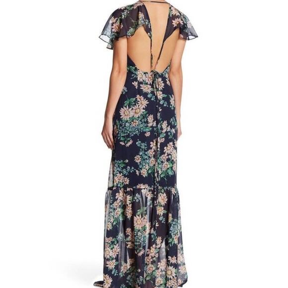 Betsey Johnson Maxi Dress 4 Blue Chiffon Flutter Sleeve Floral Open Back V-Neck - Picture 5 of 12